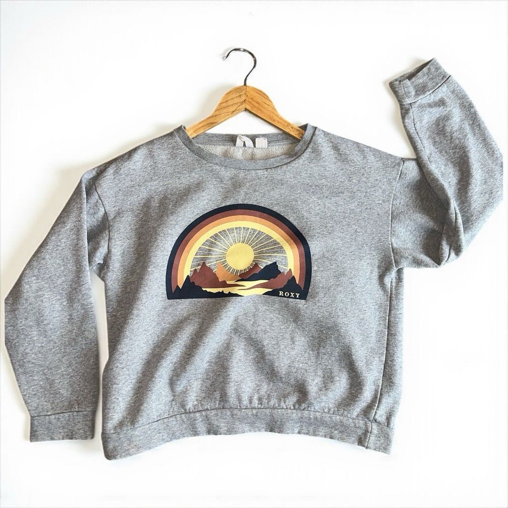 Roxy Sun Mountain Graphic Sweatshirt Gray Crewneck Pullover Boho Hiking Surf M - Picture 3 of 13